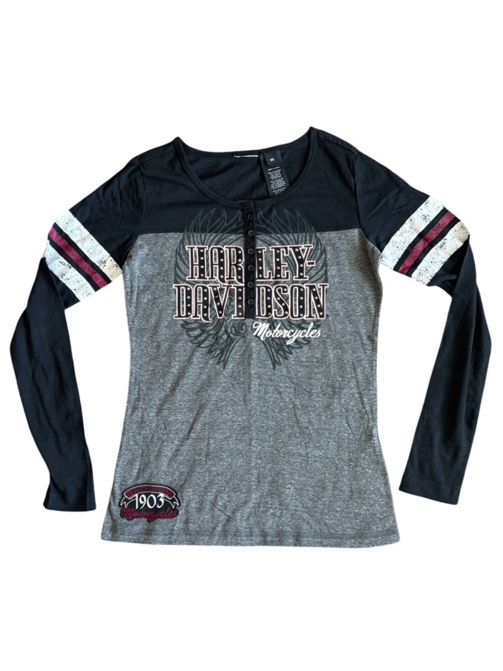 Harley Davidson Rebel HDMC Henley Long Sleeve Y2K Style Shirt